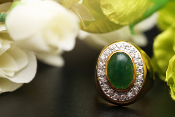 Jade on gold ring with diamond © Bordin