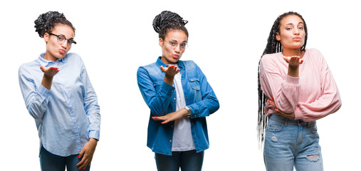 Collage of beautiful braided hair african american woman over isolated background looking at the camera blowing a kiss with hand on air being lovely and sexy. Love expression.