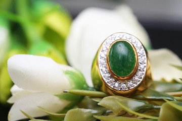 Jade on gold ring with diamond © Bordin