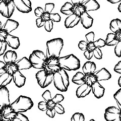 Botanical abstract seamless pattern with black and white engraved flowers on white background. Summer textile design. Endless floral texture. illustration