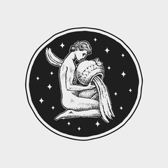 Aquarius Zodiac icon. Astrology horoscope with sign. Calendar template. Collection outline animals. Classic vintage style. Engraved hand drawn sketch.