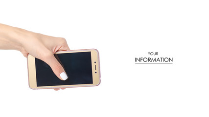 Mobile phone smartphone in hand pattern on white background isolation