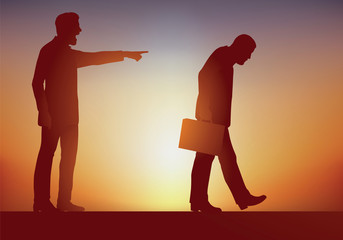 Concept du licenciement abusif et de la loi de la concurrence, avec un patron autoritaire qui exerce son pouvoir en renvoyant un de ses employés pour incompétance en le montrant du doigt. 