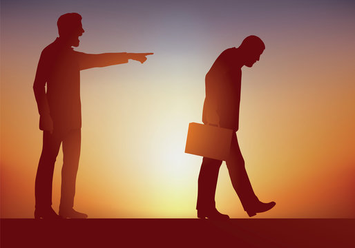 Concept du licenciement abusif et de la loi de la concurrence, avec un patron autoritaire qui exerce son pouvoir en renvoyant un de ses employés pour incompétance en le montrant du doigt. 