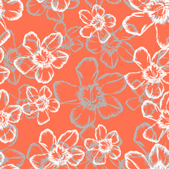 Fototapeta na wymiar Botanical abstract seamless pattern with contour white and grey engraved flowers on living coral color background. Summer textile design. Endless floral red orange sketch texture. illustration