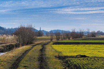 Fototapeta na wymiar Felder mit Weg in Frühjahr und Kirche