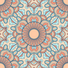 Decorative colorful ethnic seamless pattern for fabric or wrapping in oriental style. Hand drawn illustration