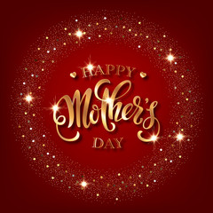 Fototapeta na wymiar Mothers day greeting card. Handwritten message on red background with golden confetti