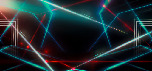 Empty stage background in purple color, spotlights, neon rays. Abstract background of neon lines and rays. Product showcase spotlight background. Clean photographer studio.