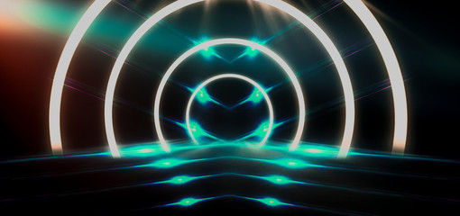 Empty stage background in purple color, spotlights, neon rays. Abstract background of neon lines and rays. Product showcase spotlight background. Clean photographer studio.