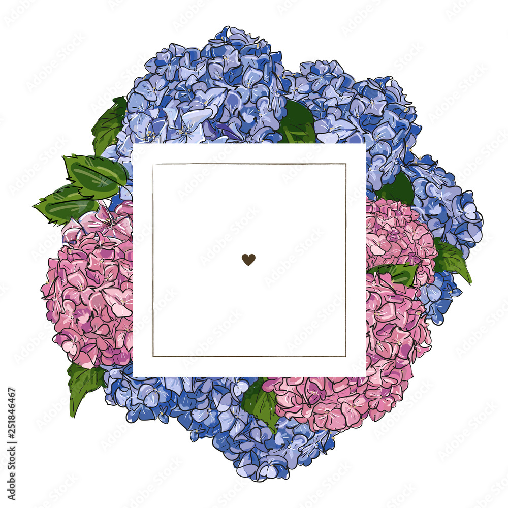 Poster label design template. vector hand drawn illustration outline pink and blue hydrangea on square fram