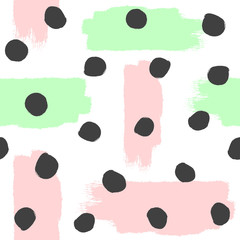 Fototapeta premium Repeated brush strokes and round spots. Abstract watercolor seamless pattern. Grunge, sketch, paint. White, pink, green, black.