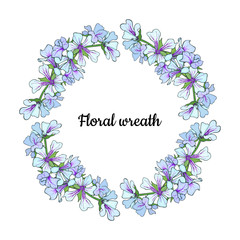 Elegant floral wreath with branch of blue-violet blooming flowers, isolated on white background. Pretty garland. Design template for invitation, wedding or greeting cards with tropical element. Vector