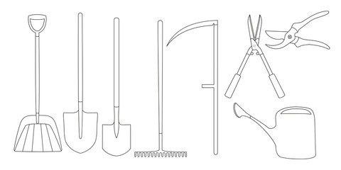 Set gardening tools. Shovel, rake, scythe, secateurs, watering can. Vector illustration