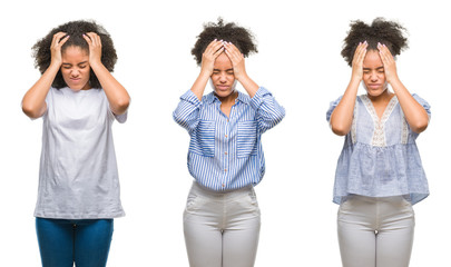Collage of african american woman over isolated background suffering from headache desperate and stressed because pain and migraine. Hands on head.