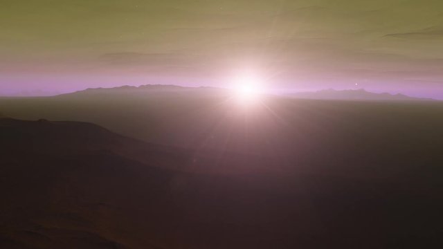 4K cloudy sky landscape Exoplanet 3D illustration dawn in the mountains (Elements of this image furnished by NASA) purple beautiful yellow sunrise