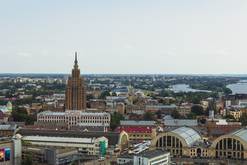 Fototapeta premium View of Riga from St Peter's Church Tower towards Riga Central Market and the Latvian Academy of Sciences during autumn (Riga, Latvia, Europe)