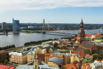 View of the old town of Riga, Riga Cathedral and river Daugava from above as seen from St Peter's Church Tower during autumn (Riga, Latvia, Europe)
