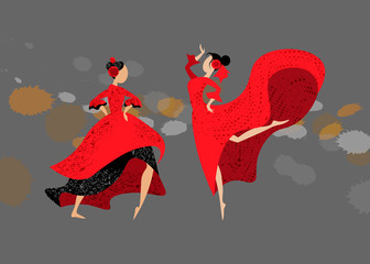 Two young spanish girls in traditional dress dancing flamenco - obrazy, fototapety, plakaty