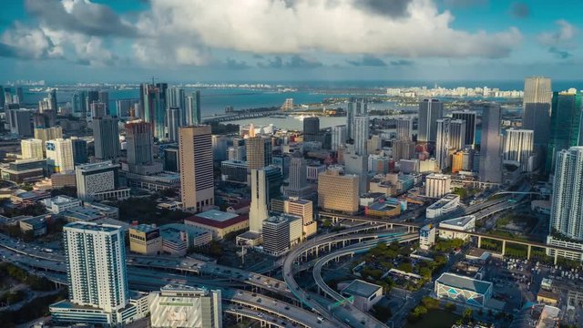 MIAMI, FLORIDA, USA - JANUARY 2019: Aerial drone panorama view flight over Miami downtown. Tall buildings from above.