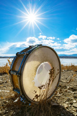 Vintage Snare Drum with a Beach Background