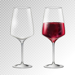Realistic vector illustration of full and empty champagne or wine glass isolated on transperent background