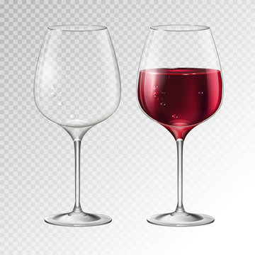Realistic vector illustration of full and empty champagne or wine glass isolated on transperent background