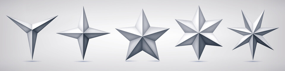 Set of volumetric vector stars. Three, four, five, six and seven coal forms, geometry shape, abstract vector 