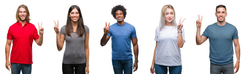 Composition of african american, hispanic and caucasian group of people over isolated white background showing and pointing up with fingers number two while smiling confident and happy.