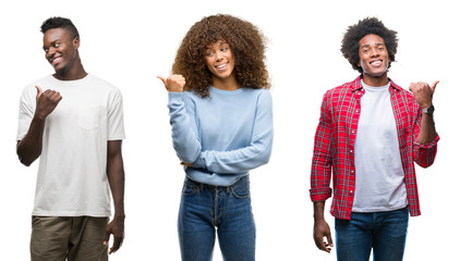 Collage of african american group of people over isolated background smiling with happy face looking and pointing to the side with thumb up.