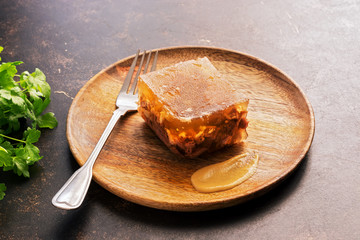Meat jelly Traditional Russian food. National Russian dish aspic. Selective focus.