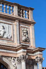 St Mark's Campanile (Campanile di San Marco) in the Piazza San Marco, details on facade, Venice, Italy.