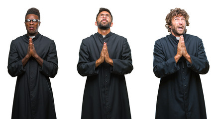 Collage of christian priest men over isolated background begging and praying with hands together with hope expression on face very emotional and worried. Asking for forgiveness. Religion concept.