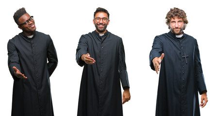 Collage of christian priest men over isolated background smiling friendly offering handshake as greeting and welcoming. Successful business.