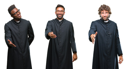 Collage of christian priest men over isolated background smiling friendly offering handshake as...