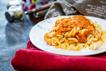 tasty pasta Italian meat sauce pasta on the table