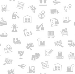 Cargo delivery, seamless pattern, white, vector. Cargo transportation and delivery of goods. Gray icons on white background. Vector flat seamless pattern. 