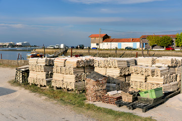 Ostreicole harbor of La Teste with tiles where oysters grow, commune is a located on the shore of...