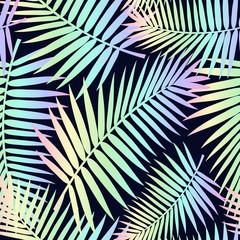 Summer seamless pattern with tropical leaves and holographic effect. Colorful summer print for textile, cards, posters etc. Vector tropical illustration