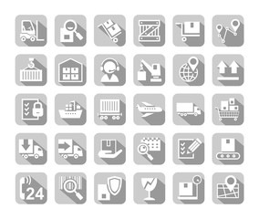 Shipping, flat icons, vector. Cargo transportation and delivery of goods. White flat icons on grey background with shadow. Vector clip art. 