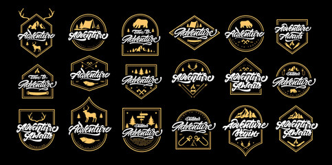 Big Adventure lettering set logos with gold  frames. Vintage logos with mountains, bonfires, bear, deer, antlers, arrows. Adventure logo design. Vector emblems for your design. - Vector