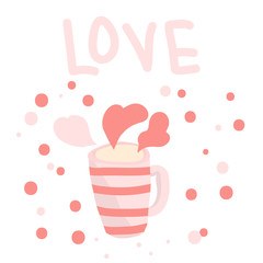 Mug with hot drink in gently pink hues. Love concept.