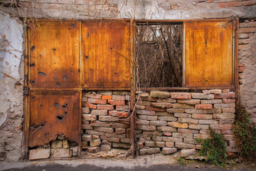 A wall in a derelict building in Vukovar, Vukovar-Srijem Country, Slavonia, eastern Croatia.