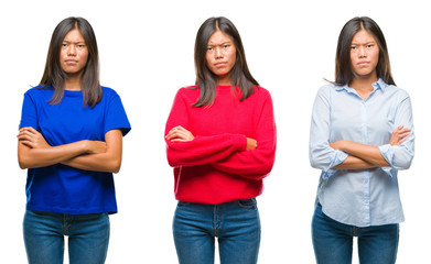 Collage of asian young woman standing over white isolated background skeptic and nervous,...