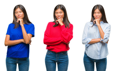 Collage of asian young woman standing over white isolated background looking confident at the camera with smile with crossed arms and hand raised on chin. Thinking positive.