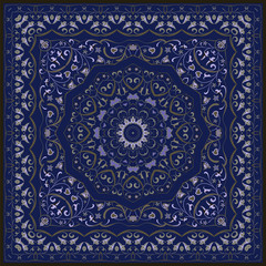 Vintage Arabic pattern. Persian colored carpet. Rich ornament for fabric design, handmade, interior decoration, textiles. Blue background. - 251858021