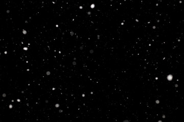 Snowstorm texture. Bokeh lights on black background, shot of flying snowflakes in the air
