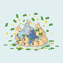 elephant sticker emoticon lies on bags of money