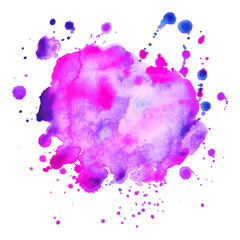 Abstract isolated watercolor spot with droplets, smudges, stains, splashes.