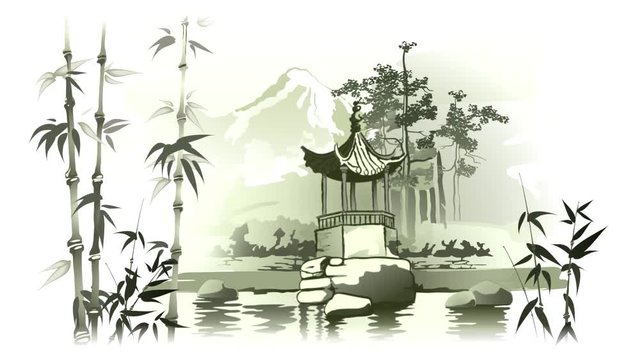 Chinese arbor by the pond. Flying dragonfly Animation in the style of traditional oriental painting.